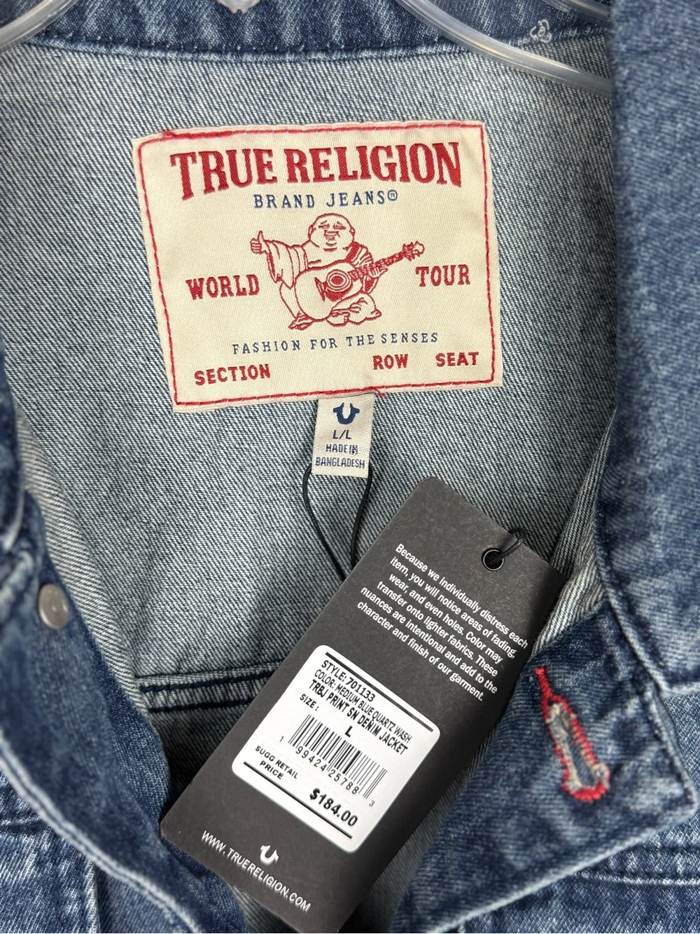 NWT True Religion Men's Denim Jacket Jim Trucker Red Stitching Back Graphic L